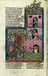 أخذ قلعة في القدس (من تاريخ العالم (Weltchronik) بواسطة Rudolf von Ems) - ماجستير في تاريخ العالم (Weltchronik) (نشط حوالي 1300) - ج. 1300 - لوحة مائية على ورق برشمان - كانتونسبيبليوثك سانت غالن بواسطة سيد تاريخ العالم