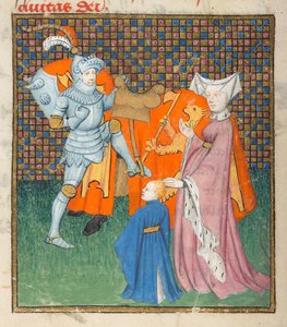 Harley 4431، f.135v تفاصيل هيكتور وأندروماش ، من "كتاب الملكة" بقلم كريستين دي بيزان (ورق)