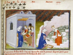 Harley 4431، f.290 ، تفاصيل منمنمة كريستين قبل تجسيدات العقل والاستقامة والعدالة وكريستين مع سبب بناء مدينة السيدات (ورق)