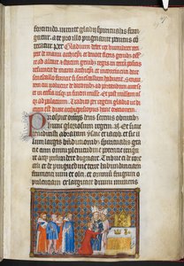 Cotton Tiberius B. VIII f.49r الملك يقدم السيف على المذبح ، رسم توضيحي من "كتاب التتويج لتشارلز الخامس ، ملك فرنسا"
