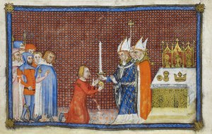 Cotton Tiberius B. VIII f.49v رئيس أساقفة ريمس يعيد السيف إلى الملك ، رسم توضيحي من "كتاب تتويج شارل الخامس ، ملك فرنسا"