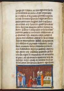 Cotton Tiberius B. VIII f.49v رئيس أساقفة ريمس يعيد السيف إلى الملك ، رسم توضيحي من "كتاب تتويج شارل الخامس ، ملك فرنسا"