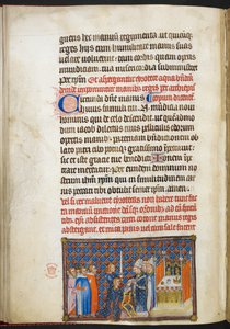Cotton Tiberius B. VIII f.56v ، رئيس أساقفة ريمس يضع القفازات على يدي الملك ، من "كتاب تتويج شارل الخامس ، ملك فرنسا"