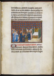 Cotton Tiberius B. VIII f.58r الملك يستلم الصولجان والعذراء ("Main de la Justice") ، من "كتاب التتويج لتشارلز الخامس ، ملك فرنسا"