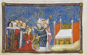 Cotton Tiberius B. VIII f.69v رئيس أساقفة ريمس يضع التاج على رأس الملكة والبارونات الذين يدعمون تاجها ، رسم توضيحي من "كتاب التتويج لتشارلز الخامس ، ملك فرنسا"