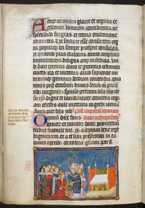 Cotton Tiberius B. VIII f.69v رئيس أساقفة ريمس يضع التاج على رأس الملكة والبارونات الذين يدعمون تاجها ، رسم توضيحي من "كتاب التتويج لتشارلز الخامس ، ملك فرنسا"