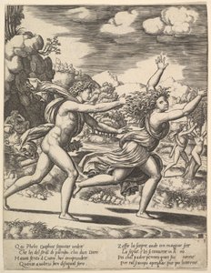 أبولو يطارد دافني الذي ألقى ذراعيها ، في الخلفية على اليمين يظهر موم ... ، 1530-60.