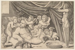 Bacchus محاط بـ Putti ، تمثال Priapus على اليمين ، 1530-60.