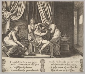 اللوحة 10: الحوريات تساعد النفس على تلبيس شعرها ، من "حكاية النفس" ، 1530-60.