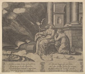 اللوحة 27: يعطي بروسيربينا Psyche صندوق الجمال ، من "حكاية كيوبيد والنفسية" ، 1530-60. بواسطة سيد الموت
