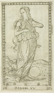 Polyhymnia ، اللوحة الخامسة عشرة من Apollo and the Muses بواسطة ماجستير في سلسلة E Tarocchi