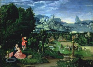 الباقي على الرحلة إلى مصر ، رسم المناظر الطبيعية رسمها جواكيم باتينير (fl.1515-25) (لوحة)