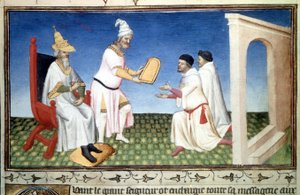 ماركو وماتيا بولو يتلقيان تبرعات من كوبلاي خان ، - صورة مصغرة مأخوذة من "كتاب العجائب" ("" ديفايسمنت أوف ذا وورلد "،" "ميليوني") لماركو بولو (1254-1324) (السيدة 2810 ، ورقة 3 ف) أضاءها سيد مزارين ، حوالي 1410-1412