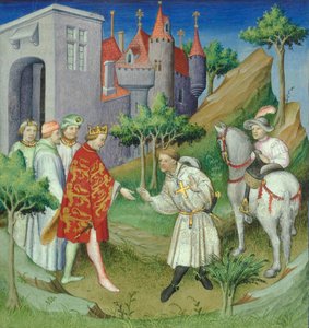 السير جون ماندفيل وملك إنجلترا ، واجهة الكتاب من "Le Livre des Merveilles" ، باريس ، ج. 1420 (مخطوطة)