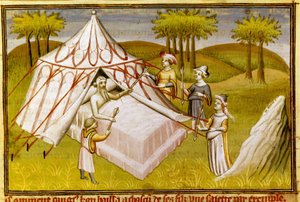 القائد المنغولي جنكيز خان على فراش الموت يعطي توصياته الأخيرة لأبنائه ، حوالي 1410 (صورة مصغرة)