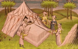 القائد المنغولي جنكيز خان على فراش الموت يعطي توصياته الأخيرة لأبنائه ، حوالي 1410 (صورة مصغرة)