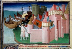 تفريغ كرات في مدينة خامبهات بالهند. صورة مصغرة في "" كتاب العجائب "" ("" Devisement du monde "،" "Il Milione") Ms2810 ، Folio 86v. مخطوطة وضعها سيد مزارين وكتبه ماركو بولو (1254-1324) ، كاليفورنيا. 1410-1412. BN ، على قدم المساواة