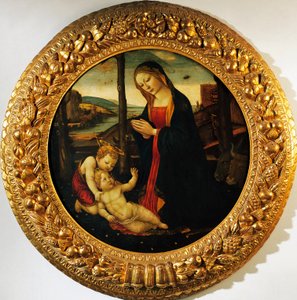 Madonna and Child with the infant Saint John the Baptist, painting attributed to the Master of Tondo Miller (end of 15th century). بواسطة سيد ميلر توندو (سمة إلى)