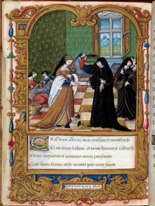 مارغريتا من أنغوليما (1492-1549) ملكة نافار تقدم كتابها إلى دوقة إيتامبيس والمفضلة لدى فرانسوا الأول آن بيسيلو الصفحة المأخوذة من مخطوطة "لا كوش أو ديبات دامور" "لمارجريت من أنغوليما التي أضاءها السيد روهان