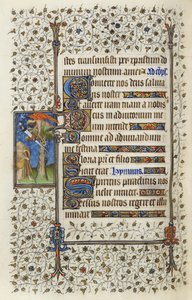 السيدة 62 f.132v شخصية مجنحة في قمة مع كتاب مثقوب بالسيف ، من "ساعات الروح القدس" بقلم غيوم دي ديغويفيل 1350 ، 1417 (حبر وأوراق من الذهب على الرق) بواسطة Master of the Rohan Hours