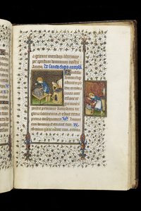 Ms 62 f.215r القديس اليجيوس يصنع مزارًا ؛ القديس إيليجيوس في سندان ، من كتاب الصلوات ، حوالي 1445-50 (ورق)