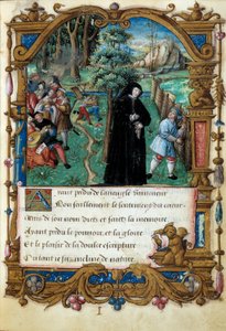 تمثيل لملكة نافارا مارغريتا من أنغوليما (1492-1549) ، مشهد حب مهذب. صفحة مأخوذة من مخطوطة "La coche ou Debat d'Amour" "لمارجريت دانغولم التي قام بتزيينها سيد روهان