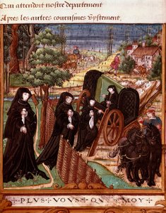 تمثيل لملكة نافارا مارغريتا من أنغوليما (1492-1549) محاطة بسيدات رفيقاتها على متن عربة في نزهة على الأقدام "" الصفحة مأخوذة من مخطوطة "لا كوش أو ديبات دامور" "" لمارجريت من أنغوليما تعدادها من قبل ما