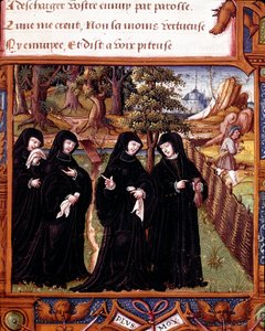 تمثيل لملكة نافارا مارغريتا من أنغوليما (1492-1549) تتحدث مع رفاقها الصفحة مأخوذة من مخطوطة "La coche ou Debat d'Amour" "لمارجريتا من أنغوليما التي أضاءها سيد روهان بواسطة سيد ساعات روهان