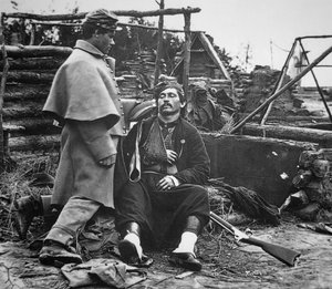 Wounded soldier from a Federal Zouave regiment, c.1865 (b/w photo)