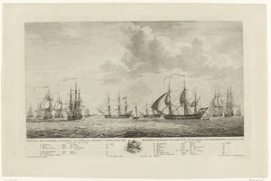 أسطول الحرب الهولندي قبالة رامكينز ، 1782-1783 Gesicht لسفن الحرب في البلاد ، تحت قيادة الأدميرال الخلفي ، فان كروين ، على طريق رامكينز ، في عامي 1782 و 1783 (العنوان على الجسم)