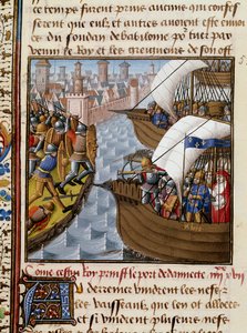 الحملة الصليبية السابعة: الملك سانت لويس (1214-1270) والمعابر التي حاصرت دمياط في يونيو 1249 في الوجه البحري. صورة مصغرة مأخوذة من مخطوطة "Speculum historyiale" (لو ميرور التاريخية) بقلم فينسينت دي بوفيه (1184 / 94-1264) التي قام بتزيينها السيد بواسطة Maître François