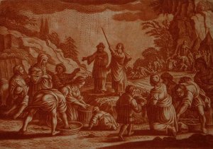 الإسرائيليون يجمعون المن ، رسم توضيحي من الكتاب المقدس ، نقش بواسطة غابرييل بودينير (1673-1766) (نقش بني داكن) بواسطة ماتاوس الثاني (بعد) ميريان