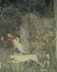 رجال يصطادون مع الكلاب ، تفاصيل مخطط زخرفي من غرفة نوم La Chambre du Cerf Stag 1347 فريسكو