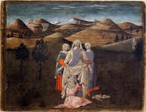 أسطورة رومولوس وريموس: ولادة ريا سيلفيا. لوحة ماتيو دي جيوفاني (1430-1495) ، ديتريمب على الخشب ، 27.9 × 35.7 سم. الفن الإيطالي القرن الخامس عشر. متحف الفنون الجميلة في ليبورن.