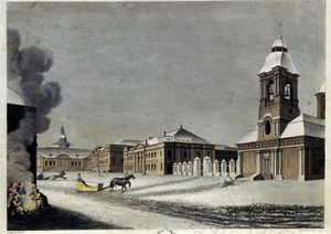 مسبك الترسانة والمدافع في سانت بطرسبرغ. (ارسنال ومسبك المدفع في بطرسبورغ). وصف المباني في منتصف الشتاء ، بزلاجات تنزلق على الثلج ومجموعة من الأفراد يدفئون أنفسهم حول النار. عمل بواسطة ماثيو دوبورج