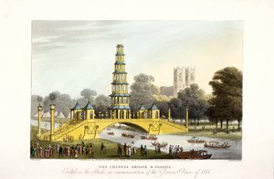 الجسر والمعبد الصيني ، أقيم في سانت جيمس بارك ، لندن ، 1814 بواسطة ماثيو دوبورج