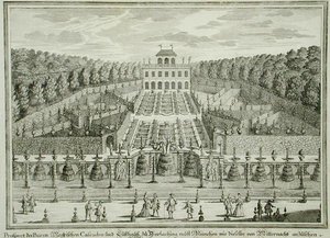 منظر لمنزل أميري بالقرب من ميونيخ ، من 'Erlustierende Augenweide in Vorsetellung Herrliche Garten' ، نقش بواسطة Karl Remshard (1678-1735) ، نُشر عام 1725 (نقش) بواسطة ماتياس (بعد) ديزل