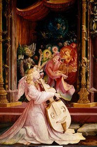 Altarpiece of Issenheim (أو Isenheim): “La Nativite” تفاصيل الحفلة الموسيقية لموسيقي الملائكة. الملاك في الوسط يعزف على فيولا غامبا. لوحات لماتيس نيثاردت جوثاردت ديت ماتياس جرونوالد (1480-1528) (كل شيء) 1512-1516 Dim. 265x304 سم Col بواسطة ماتياس (1480 1528) جرونوالد