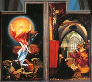 بشارة وقيامة المسيح ، تفاصيل من Isenheim Altarpiece ، حوالي 1512-16 (زيت على لوح) بواسطة ماتياس (1480 1528) جرونوالد
