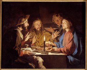 يظهر تلاميذ Emmaus Christ أمام pelerins جالسين على طاولة في نزل في Emmaus - رسم بواسطة Mathias Stomer (Matthias Stom) (1600-1650) القرن السابع عشر الشمس 1،3x1،64 م غرونوبل ، متحف الفنون الجميلة