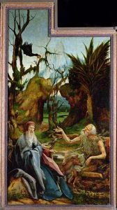 Isenheim Altarpiece. الجناح الأيسر: لقاء القديس أنطونيوس والقديس بولس الرسول في ديس