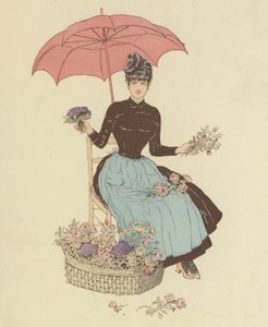امرأة تجلس تحت مظلة بيع الزهور (لون litho)