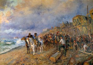 The First Consul Napoleon Bonaparte (1769-1821) visits the arsenal of Boulogne Painting by Maurice Orange (1868-1916) 1804 (Sun: 214x304 cm) Paris, Musee de l