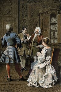Chez monsieur de GM - في "تاريخ Manon Lescaut و Chevalier Des Grieux" للكاتب الفرنسي لاب بريفوست (1697-1763). نقش بعد رسومات موريس ليلوار (1885). بواسطة موريس ليلوار