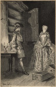 اكتشاف السرقة - في "تاريخ مانون ليسكوت وشوفالييه دي جريوكس" للكاتب الفرنسي لاب بريفوست (1697-1763). نقش بعد رسومات موريس ليلوار (1885). بواسطة موريس ليلوار