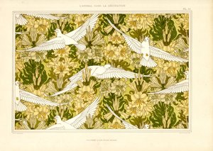 نمط نسيج مع حمامات بيضاء وزنابق (ليثو) بواسطة موريس بيلارد فيرنويل