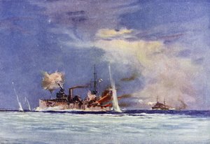 HMAS Sydney ، بقيادة الكابتن جون Glossop ، مهاجمة الطراد الألماني Emden ، Battle of Cocos ، 9 نوفمبر 1914