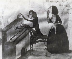 رسم كاريكاتوري لفرانز ليزت (1811-1886) وجورج ساند (1804-1876) في نوهانت عام 1832 ، رسم لموريس ساند (1825-1889)