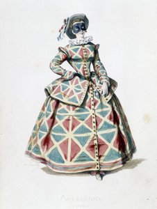 زي وقناع مهرج في عام 1855 ، شخصية أنثوية من Harlequin في commedia dell'arte. نقش من قبل A.Manceau من "" Masques et Bouffons "" ، نص ورسومات لموريس ساند (1823-1889) ، مقدمة لجورج ساند