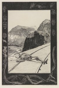 على المسارات ، اللوحة 8 من حقيبة الموت ، الجزء الأول ، التأليف الحادي عشر ، 1897. بواسطة ماكس كلنجر
